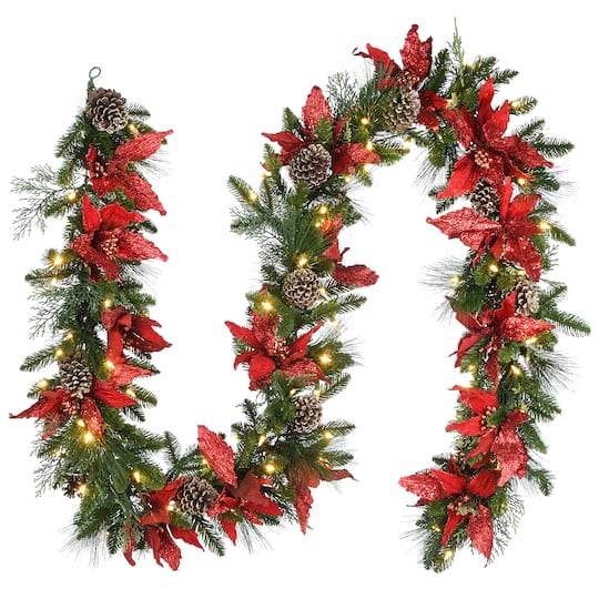 9ft. PreLit Poinsettia & Pinecone Garland Michaels Michaels Christmas Garland